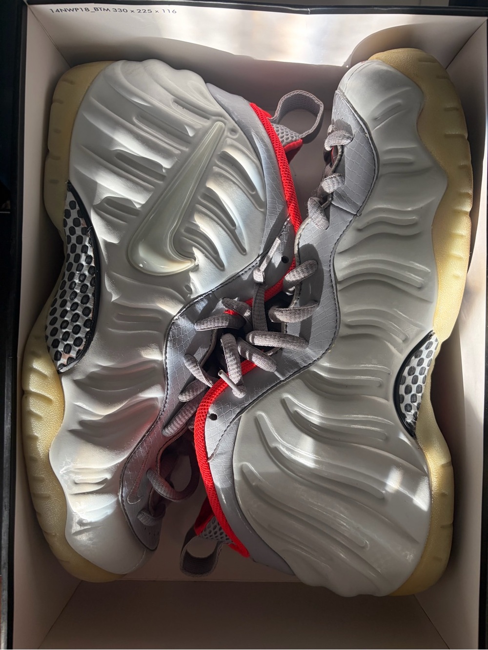 Nike Men’s Silver Foamposite with Red Accents and Cream Outsole